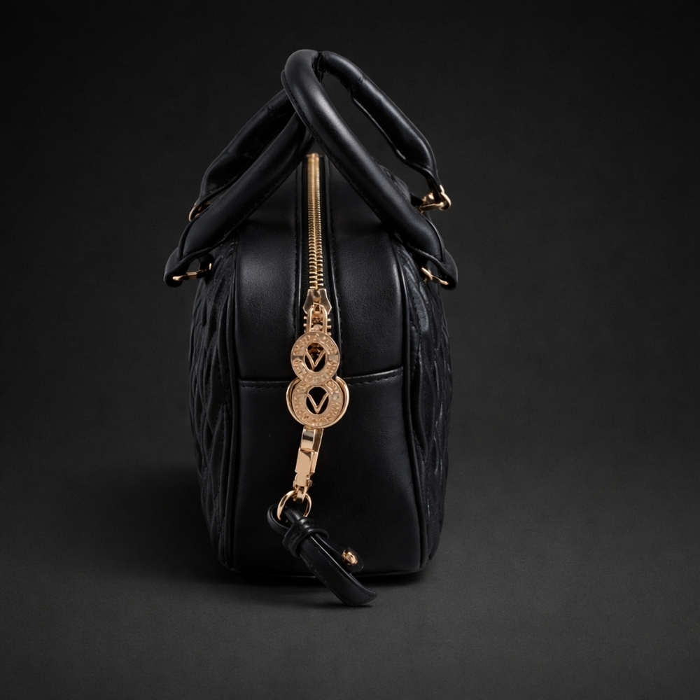NWT Valentino Orlandi Black Quilted Leather Crossbody Satchel Gold V Logo - Picture 8 of 13
